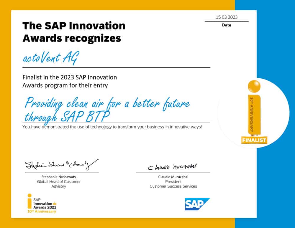 Zertifikat SAP Finalist Innovation price actovent